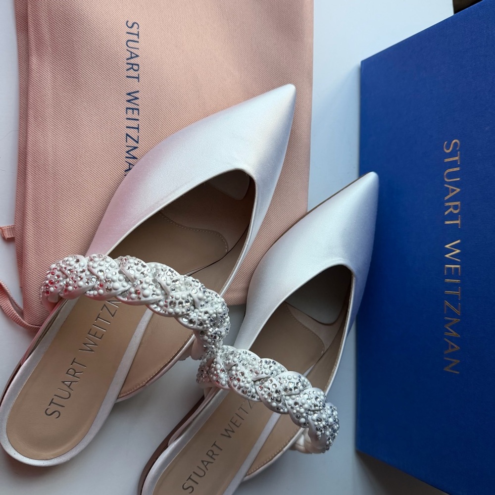 Stuart Weitzman Women's White Pearl Braided Flats
